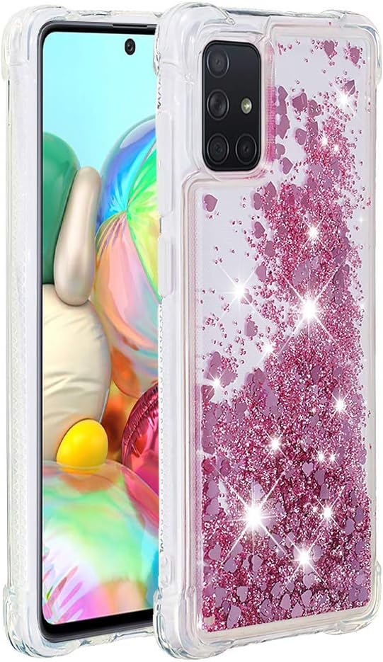 Bumper Case für Galaxy A71 Bling Rose Gold, Women Girls Liquid Protective Cover TPU Silicone Bumper Phone Case Glitter Floating Quicksand Shell Shockproof Scratch Compatible with Samsung Galaxy A71