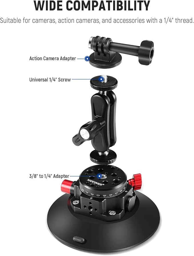 NEEWER 6" Suction Cup Camera Mount Compatible with GoPro, Metal Car Windshield Dash Ball Head Magic Arm with Action Cam Adapter Cleaning Cloth for DSLR Phone Holder, for POV Video Recording, CA013