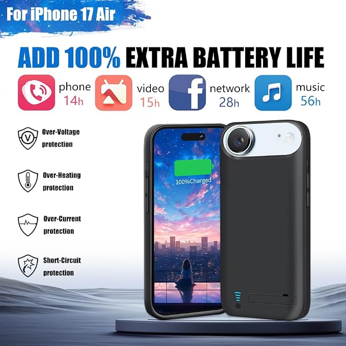 Battery Case for iPhone 17 Air, 6000mAh Rechargeable Extended Battery Charging/Charger Case, Add 100% Extra Juice (6.5 Inches) Black