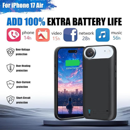 Battery Case for iPhone 17 Air, 6000mAh Rechargeable Extended Battery Charging/Charger Case, Add 100% Extra Juice (6.5 Inches) Black