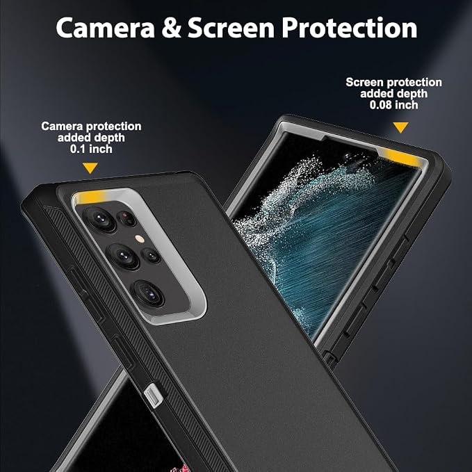 for Samsung Galaxy S22 Ultra Case with 2Pcs Self Healing Flexible TPU Screen Protector & Camera Lens Protector, 3 in 1 Heavy Duty Shockproof/Drop Proof/Dust Proof Case (Black/Grey)