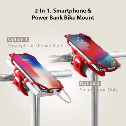 Bone Bike Tie Pro Pack 1, Bike Cell Phone + Charger Mount for Stem, Scratch-Free Silicone Holder, Universal Cycling Phone + Power Bank Holder Compatible with Most Smartphone (Red - 2-in-1 Mount)