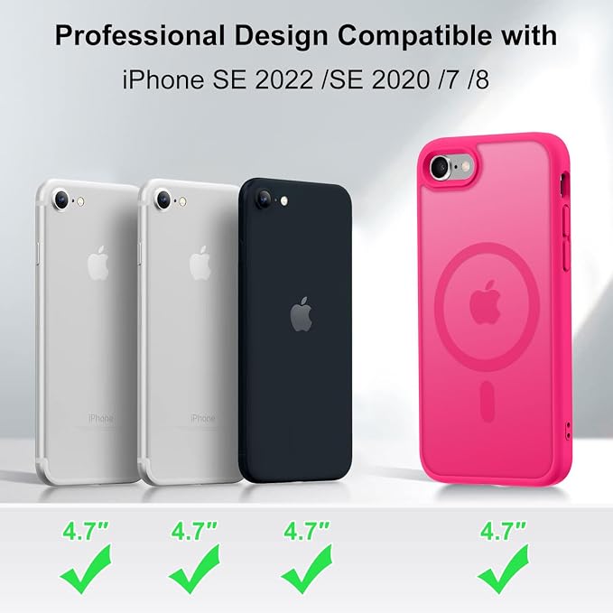 MOCCA Strong Magnetic for iPhone SE Case 2022/iPhone SE 2020 Case/iPhone 7 Case/iPhone 8 Case [Compatible with Magsafe] Slim Thin Translucent Matte Protective Cover Phone Case 4.7'', Hot Pink