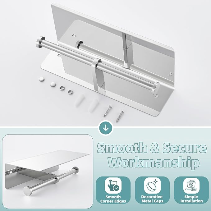 Double Toilet Paper Holder with Shelf Polished Chrome, APLusee SUS304 Stainless Steel Contemporary Bathroom Tissue Roll Holder Cell Phone Storage Rack