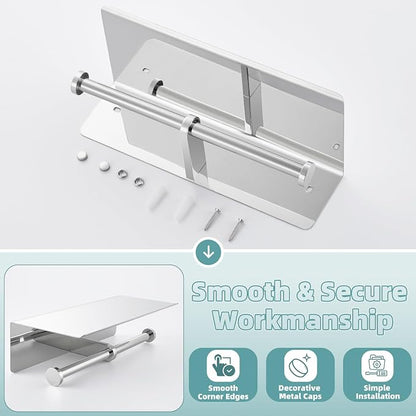 Double Toilet Paper Holder with Shelf Polished Chrome, APLusee SUS304 Stainless Steel Contemporary Bathroom Tissue Roll Holder Cell Phone Storage Rack
