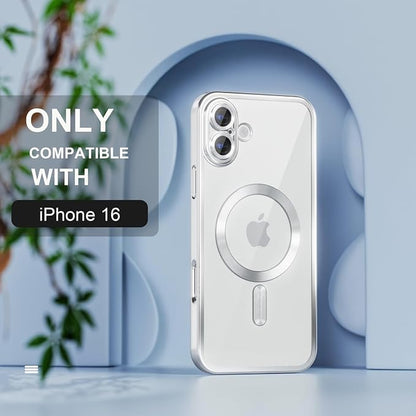 Misea Magnetic for iPhone 16 Case Compatible with MagSafe [Never Yellowing] [Military Grade Drop Protection] Full Camera Lens Protector Plating Soft Clear Phone Case for Women 6.1 inch, Silver
