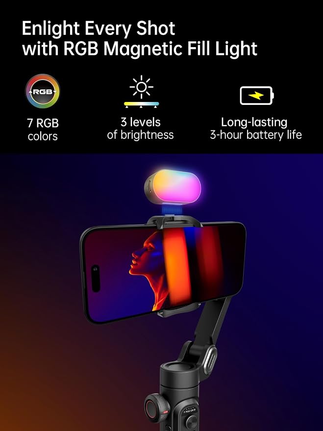 AOCHUAN Gimbal stabilizer for Smartphone,Gesture Control/face Tracking,Magnetic Fill Light,Foldable Handheld Phone Gimbal,3-axis stabilizer TikTok YouTube Vlog Recording XE kit