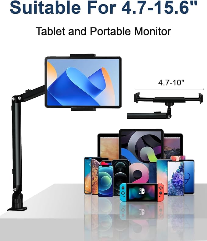 Tablet Desk Mount for ipad, Desk Clamp Aluminum Arm Portable Monitor Mount Suitable for 4.7-15.6" and Under 3 Pounds Phone, iPad mini/Air/Pro, Kindle, Galaxy Tab, Portable Monitor (Gray)