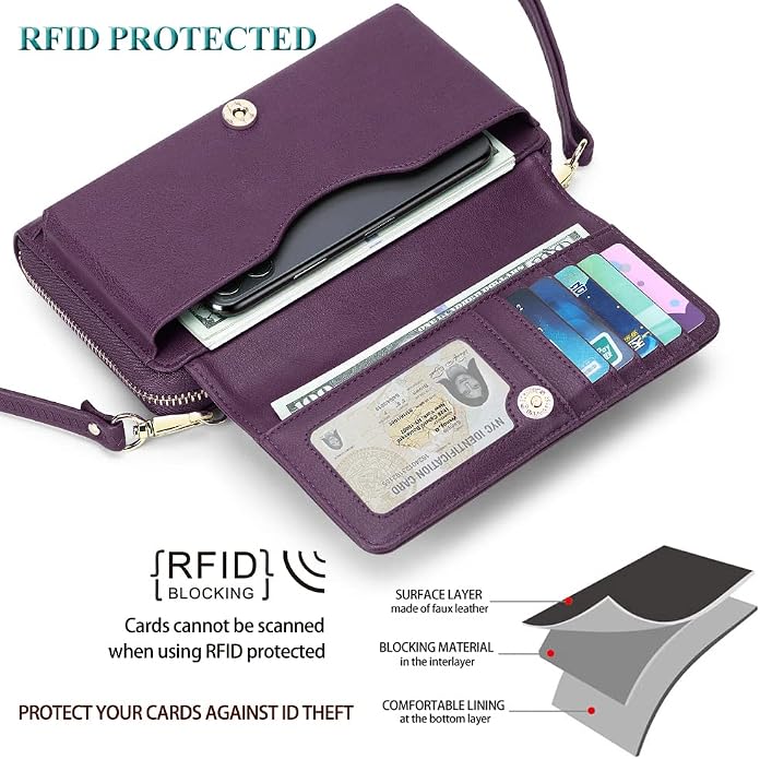 Peacocktion Crossbody Bags for Women RFID Wristlet Wallets Travel Vegan Leather Small Clutch Purses with Phone Pocket Zipper