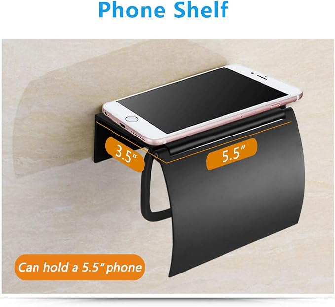 Matte Black Toilet Paper Holder Wall Mounted with Phone Shelf, Universal Modern Toilet Tissue Holder fit Mega Roll Toilet Paper, Cat Proof Toilet Paper Holder Bathroom Metal Aluminum Covered TP Holder