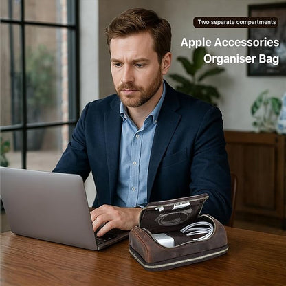 CONTACTS Full Grain Leather Travel Cable Organizer Pouch Double Layer Electronics Organizer Travel Case for Charger, Cable, Power, Tech Storage Bag by Handmade (Brown)