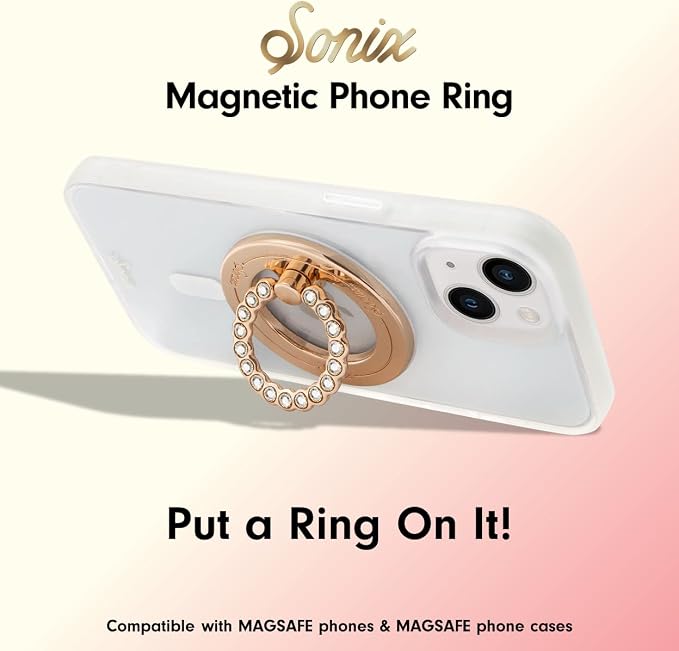 Sonix Magnetic Phone Grip and Phone Ring Holder - Compatible with MagSafe - Rotatable Kickstand and Phone Holder for iPhone 16, 15, 14, 13, 12 Series - Gold/Clear Rhinestone
