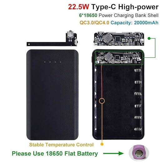 QC4.0 QC3.0 Dual USB Micro/Type-C USB 6x18650 Box 5V 4.5A 22.5W 20000mAh Mobile Phone Charger DIY Shell Case