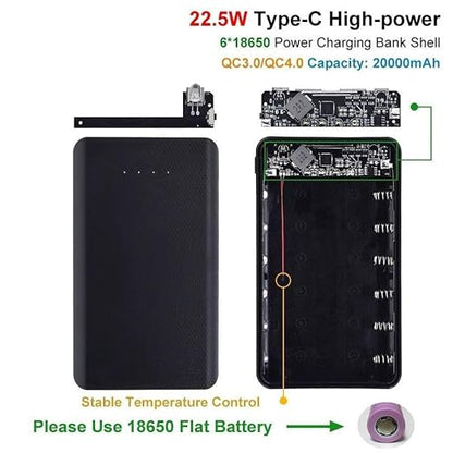 QC4.0 QC3.0 Dual USB Micro/Type-C USB 6x18650 Box 5V 4.5A 22.5W 20000mAh Mobile Phone Charger DIY Shell Case