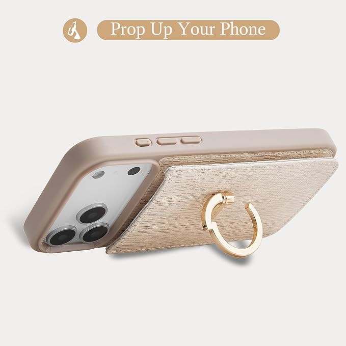 CUSTYPE Compatible with iPhone 17 Pro Wallet Case with Card Holder,Bling Leather 180°Ring Holder Kickstand Card Slots Case,PU Leather Protective Case for iPhone 17 Pro 6.3inch-Nude&Bling