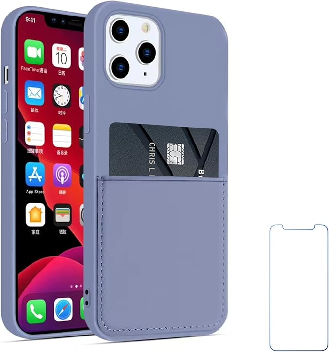 Ultra Slim Liquid Silicon Gel Case Compatible with iPhone 12,for iPhone 12 Pro 6.1 inch 2020 with Card Holder Sleeves Slot Anti-Scratch Shockproof Wallet Cover with Screen Protector (Lavender Gray)