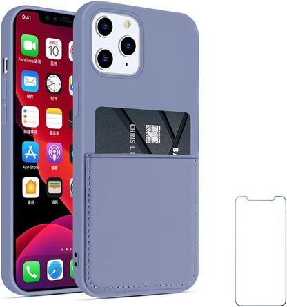 Ultra Slim Liquid Silicon Gel Case Compatible with iPhone 12,for iPhone 12 Pro 6.1 inch 2020 with Card Holder Sleeves Slot Anti-Scratch Shockproof Wallet Cover with Screen Protector (Lavender Gray)