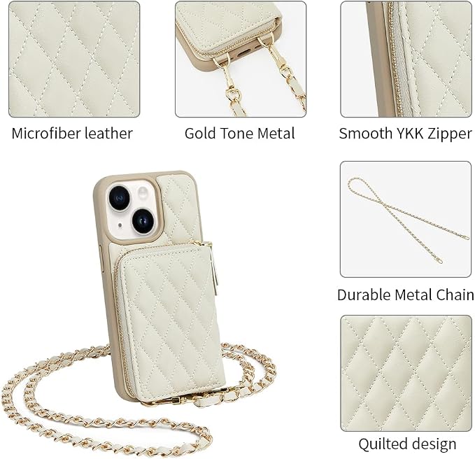 LAMEEKU Designed for iPhone 14 Wallet Case with Card Holder Crossbody Chain for Women RFID Shockproof Cover Compatible with iPhone 14, 6.1 Inch-Beige