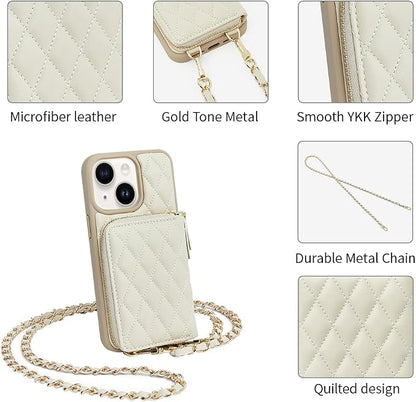 LAMEEKU Designed for iPhone 14 Wallet Case with Card Holder Crossbody Chain for Women RFID Shockproof Cover Compatible with iPhone 14, 6.1 Inch-Beige
