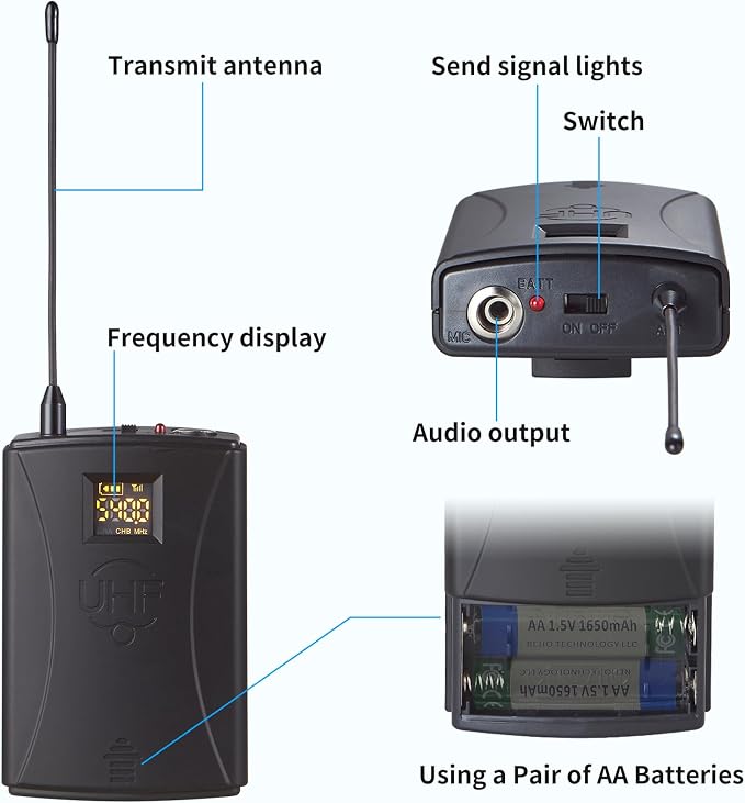 Dual Channel UHF Wireless Microphone System, 2x30 Adjustable Frequencies, Lavalier & Headset Microphone System for Meeting, Church, 300ft Range (2 Bodypack)