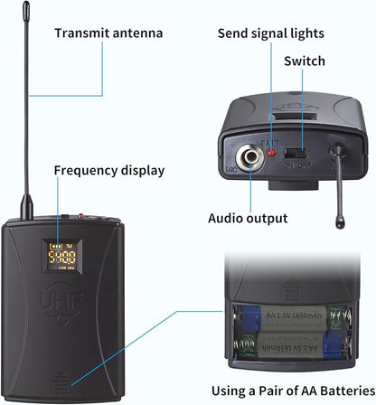 Dual Channel UHF Wireless Microphone System, 2x30 Adjustable Frequencies, Lavalier & Headset Microphone System for Meeting, Church, 300ft Range (2 Bodypack)