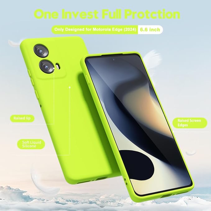 Oakxco for Motorola Moto Edge 2024 Phone Case Liquid Silicone, Neon Bright Solid Color, Thin Slim Soft Rubber Gel Matte TPU Plain Simple Protective Cover for Women Girl Cute Aesthetic, Neon Green Lime