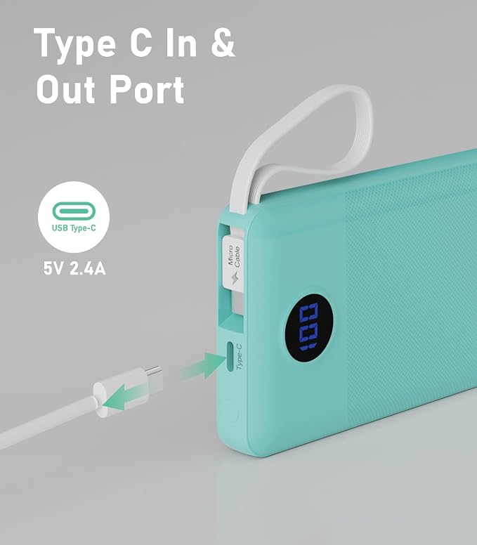 Portable Charger with Built in Cables, 10000mAh Power Bank, Battery Pack | 1 Pack, Slim, Travel Essentials, 4 Output 2 Input, for iPhone 17/16/15/14/13,Samsung, Android, etc-Green