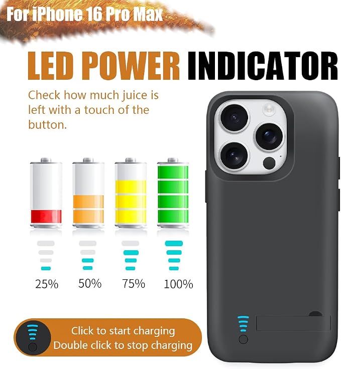Sitong Battery Case for iPhone 16 Pro Max, 6000mAh Rechargeable Extended Battery Charging/Charger Case, Add 100% Extra Juice (6.9 Inches) Black