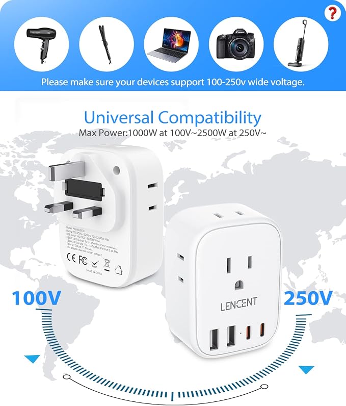 LENCENT 3 Pack US to UK Ireland Travel Plug Adapter, Grounded Type G Plug | Travel Adapter with 4 Outlets 4 USB Ports (2 USB C), Power Plug for USA to Dubai Scotland British London England Hong Kong