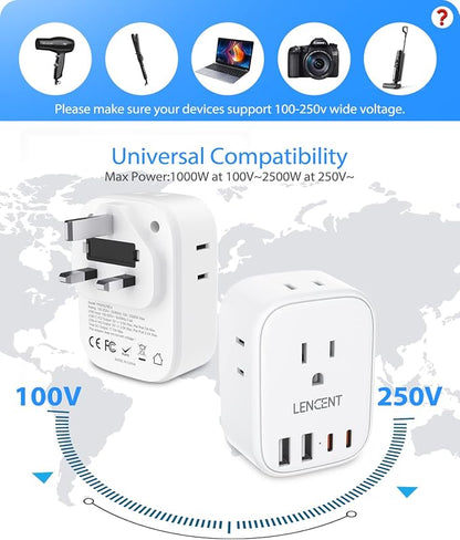 LENCENT 3 Pack US to UK Ireland Travel Plug Adapter, Grounded Type G Plug | Travel Adapter with 4 Outlets 4 USB Ports (2 USB C), Power Plug for USA to Dubai Scotland British London England Hong Kong