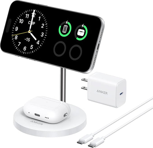 Anker MagSafe Compatible MagGo Charger Stand, iPhone 17 Wireless Charger, 2-in-1 Charging Station, Qi2 Certified 15W Fast Charging, for iPhone 17/16/15/14/13/12, AirPods Pro (40W Adapter Included)