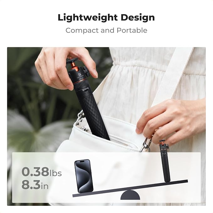 K&F CONCEPT 25.6'' Mini Selfie Stick Tripod Stand, 5 Levels 360° Ball Head Pocket Tripod with Cold Shoe, Small Tripod Compatible with DJI Osmo Pocket 3 Action 5 Pro GoPro Hero13 Smartphone.