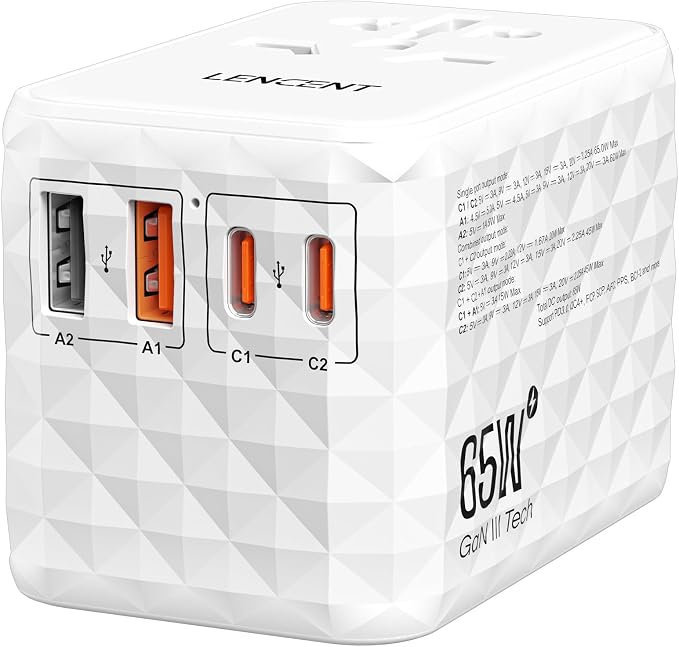 LENCENT 65W Universal Travel Adapter, GaN International Fast Charger | 2 USB-A &2 USB-C Power Plug Converter, Power Outlet Adapter for Phones,Laptops, All in One Travel Essentials for EU/USA/UK/AU