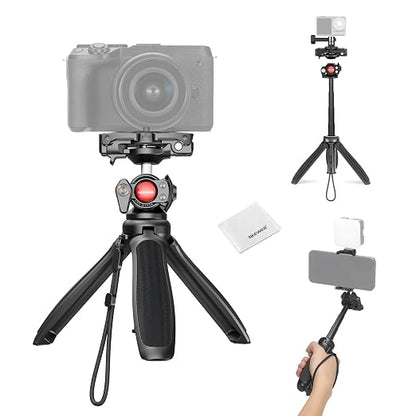 NEEWER TP38 Phone Camera Tripod Selfie Stick with Cell Phone Holder Action Camera Mount Adapter Compatible with iPhone GoPro, Mini Travel Tripod Stand with Cleaning Cloth for Vlogging Video Recording