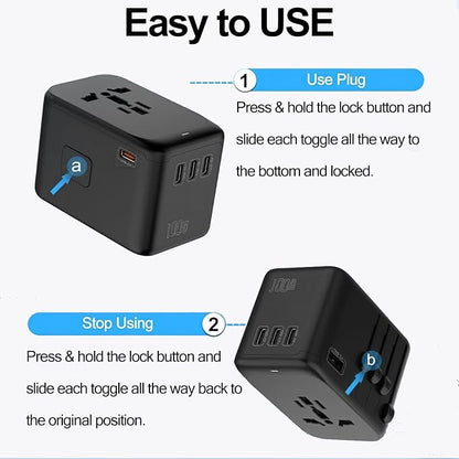 JMFONE Universal Travel Adapter GaN 120W, International Power Adapter with 4 USB-C & 1 USB-A & 2500W AC Outlet, Travel Charger for Europe UK US AU 200+ Countries, Fast Charging Laptops Tablets Phones