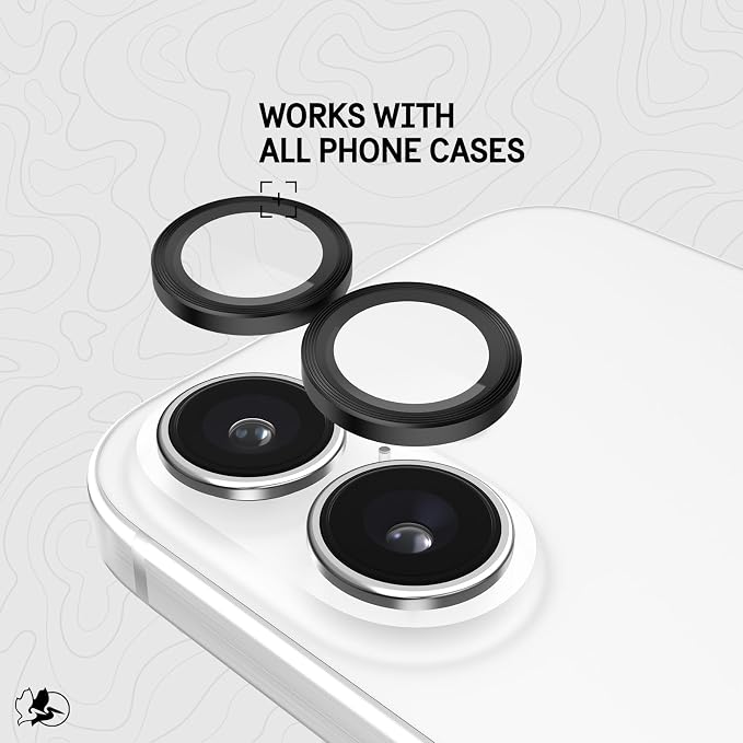 Pelican Camera Lens Protector with Aluminum Rings for iPhone 16 / iPhone 16 Plus - 9H Tempered Glass - Durable Anti-Scratch, Anti-Shatter, HD View w/Night Shoot, Case Friendly, Easy Install - Black