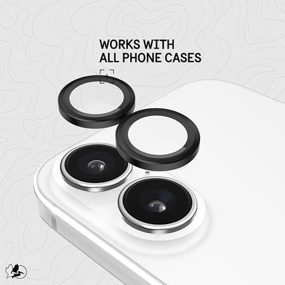 Pelican Camera Lens Protector with Aluminum Rings for iPhone 16 / iPhone 16 Plus - 9H Tempered Glass - Durable Anti-Scratch, Anti-Shatter, HD View w/Night Shoot, Case Friendly, Easy Install - Black