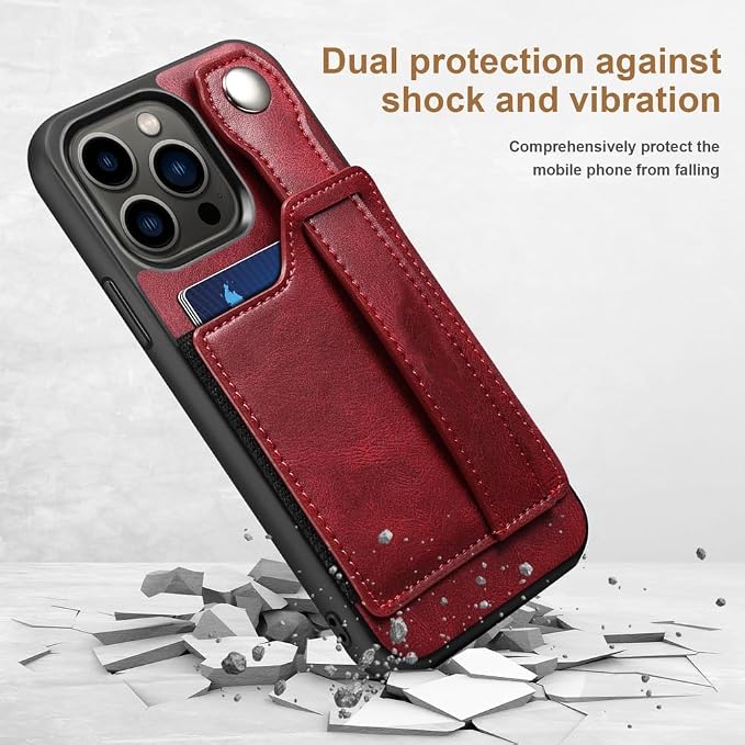 Wallet Case for iPhone 16/16 Pro/16 Plus/16 Pro Max, Silicone Frame Cover with Wrist Strap, Card Slots and Stand, Anti-Fall Shell,16,Red