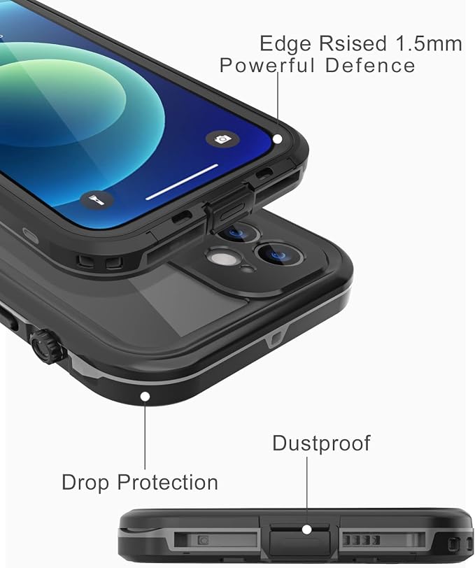 Design for iPhone 12 Mini Waterproof Case, Full Body Shockproof Case with Screen Protector, Dust Proof Phone Case Cover for iPhone 12 Mini 5.4 inch (Black)