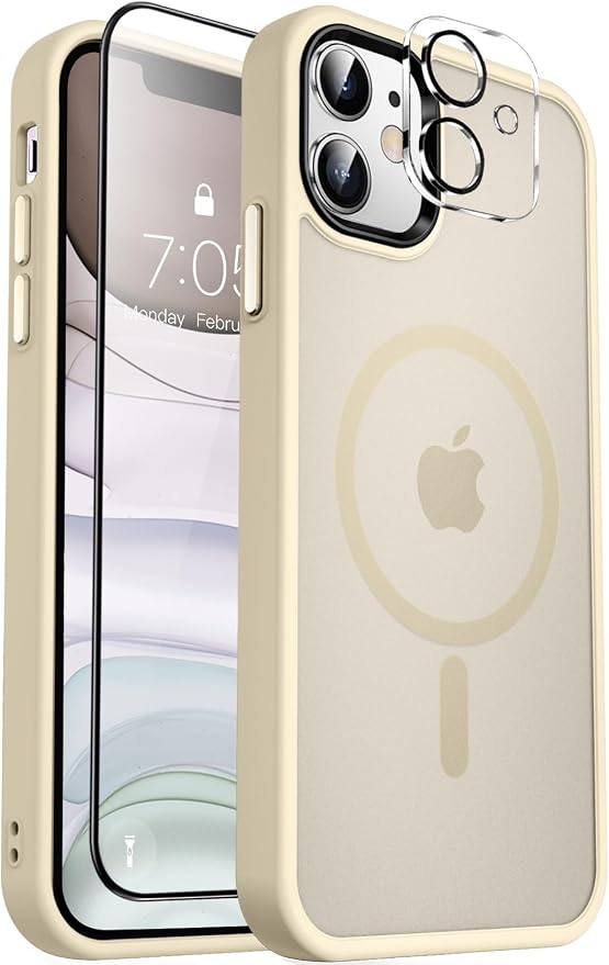 MOCCA Strong Magnetic for iPhone 11 Phone Case,[Compatible with Magsafe][Glass Screen Protector+Camera Lens Protector] Slim Thin Shockproof Cover Case for iPhone 11 6.1 inch, Light Gold