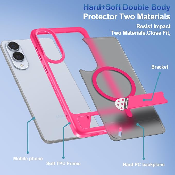 RMOCR for Samsung Galaxy S25 Edge Case with Screen Protector+Lanyard Wrist Strap,Magnetic Translucent Matte Rugged Slim Phone Cover Built in Invisible Kickstand [Fit for MagSafe],2025 Hot Pink