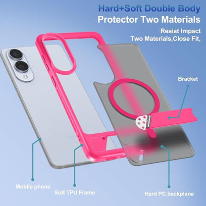 RMOCR for Samsung Galaxy S25 Edge Case with Screen Protector+Lanyard Wrist Strap,Magnetic Translucent Matte Rugged Slim Phone Cover Built in Invisible Kickstand [Fit for MagSafe],2025 Hot Pink