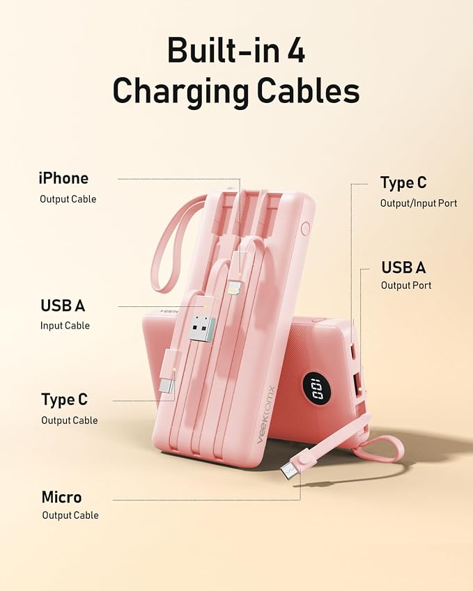 VEEKTOMX Portable Charger Built-in Cables, Power Bank for iPhone, Fast Charge USB C Battery Pack Travel Essentials Powerbank Compatible with iPhone 17/16/15/14, Samsung S25/24