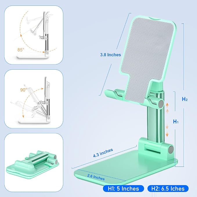 Cell Phone Stand, Angle Height Adjustable Cell Phone Holder with Silicon Pad for Desk Fully Forldable Mobile Phone Holder Compatible with All Mobile Phones, MT-6, (Green)