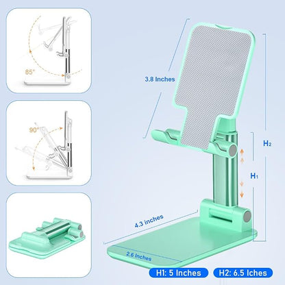 Cell Phone Stand, Angle Height Adjustable Cell Phone Holder with Silicon Pad for Desk Fully Forldable Mobile Phone Holder Compatible with All Mobile Phones, MT-6, (Green)