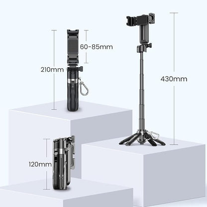 Portable Selfie Stick Tripod with Dual Fill Lights & Bluetooth Remote – 3-in-1 Pocket Size Phone Tripod with 2 Cold Shoe Mounts for iPhone Android – Mini Video Stand for Live Streaming