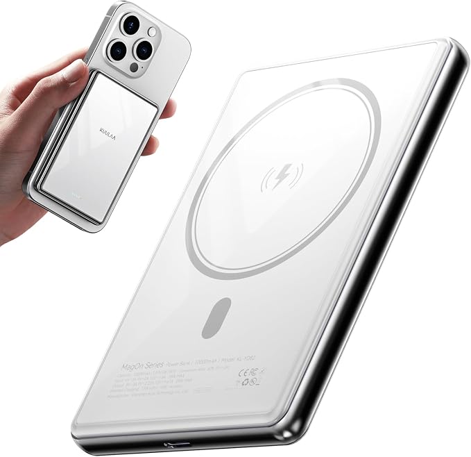Kuulaa 10000mAh Magsafe Power Bank Ultra Slim 0.53'' Magnetic Wireless Portable Charger with USB-C Output, 20W PD Fast Charging for iPhone 16/15/14/13/12 Series, Tempered Glass Design