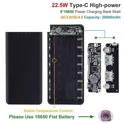 QC4.0 QC3.0 Dual USB Micro/Type-C USB 8x18650 Box 5V 4.5A 22.5W 25000mAh Mobile Phone Charger DIY Shell Case