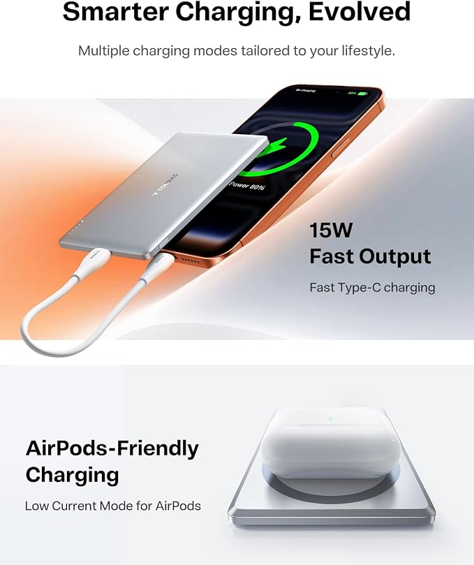TORRAS MiniMag Power Bank, Ultra Slim 5,000mAh Wireless Portable Charger with USB-C Cable, Fast Charging iPhone Air MagSafe Battery Compatible for iPhone 17 Pro Max/17 Pro/Air/17/16/15/14/13/12,White
