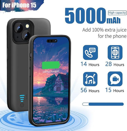 Sitong Battery Case for iPhone 15, 5000mAh Rechargeable Extended Battery Charging/Charger Case, Add 100% Extra Juice (6.1 inch) Black